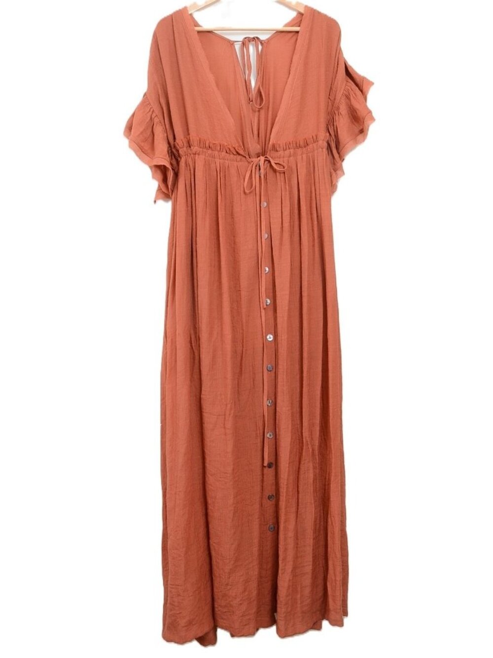 Flawless Women's M Flowy Ruffle Sleeve Boho Long Maxi Button Up Dress Cover Up